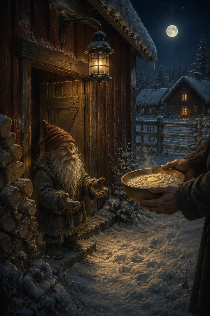 En liten gårdstomte tar emot en skål rykande julgröt vid en snötäckt lada.
