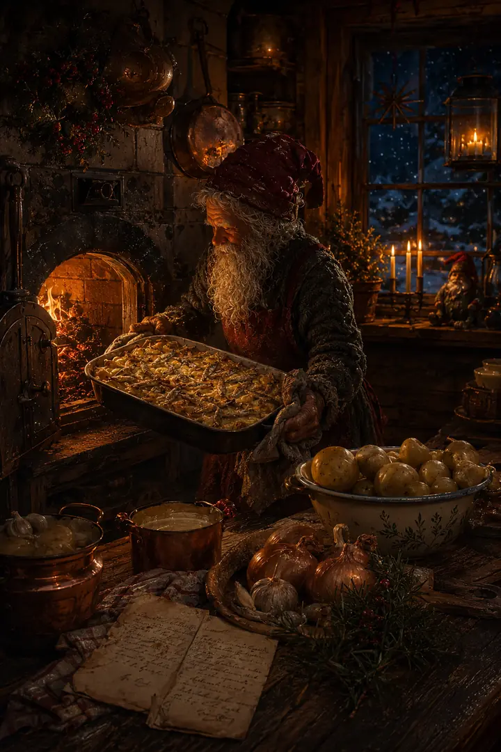 En tomte tar en gyllene potatisgratäng ur vedugnen bredvid gamla receptblad.
