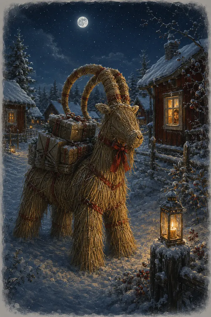 En halmbock bär julklappar genom en svensk vinterby.