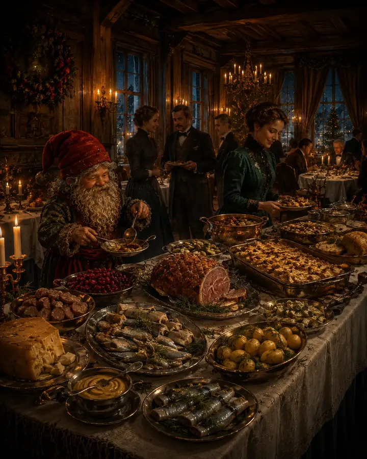 Ett elegant historiskt restaurangjulbord med gäster och klassiska svenska rätter.