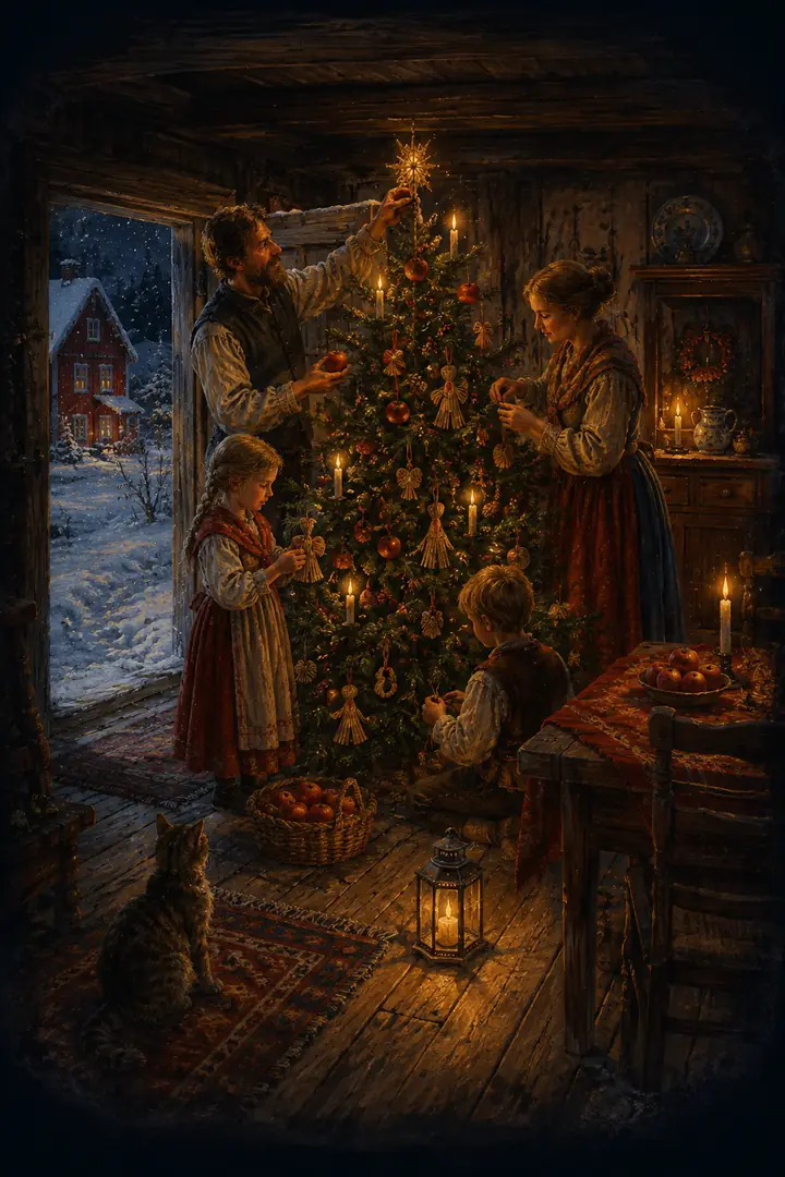 En familj klär en gran med äpplen, halmprydnader och levande ljus.