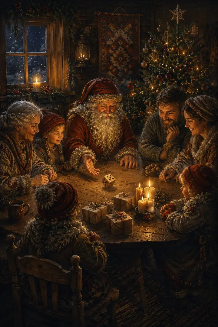 En familj spelar julklappsspelet med tärning och små paket kring ett bord.