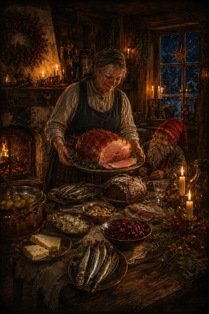 En nygriljerad julskinka bärs fram till ett historiskt svenskt julbord.