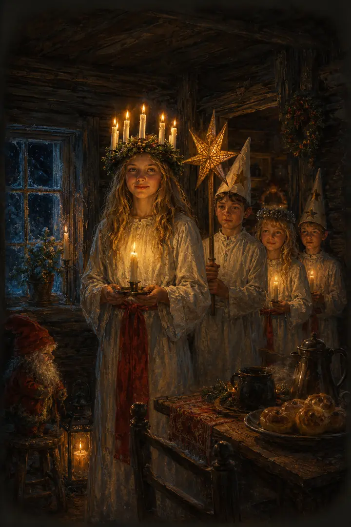 Lucia leder ett stilla ljusfölje genom ett mörkt svenskt hem.