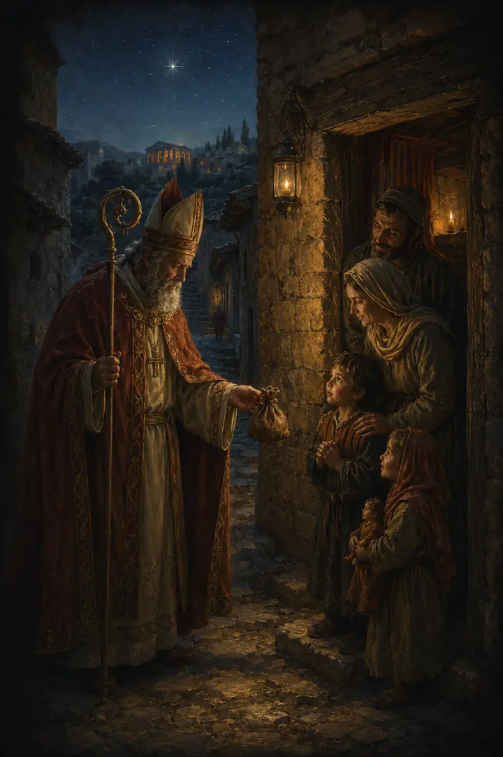 Sankt Nikolaus ger i hemlighet en penningpung till en familj i det antika Myra.