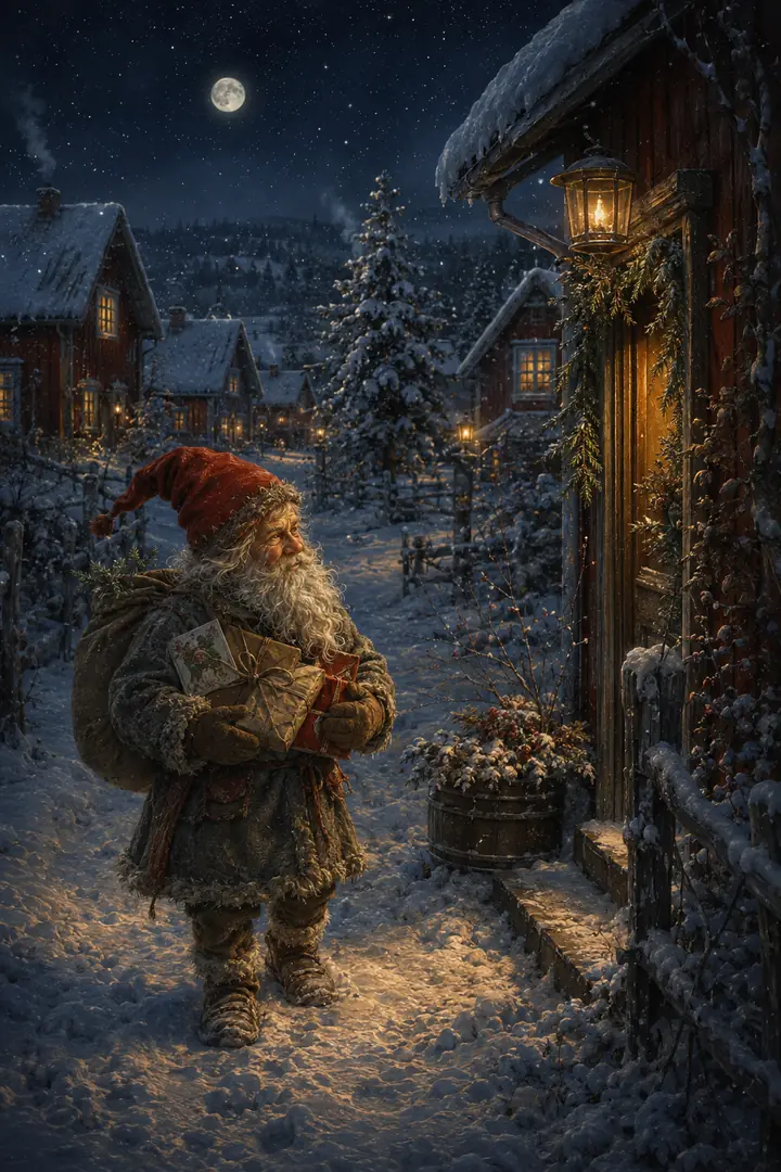 En svensk tomte från sent artonhundratal går med paket och julkort genom en snöig by.