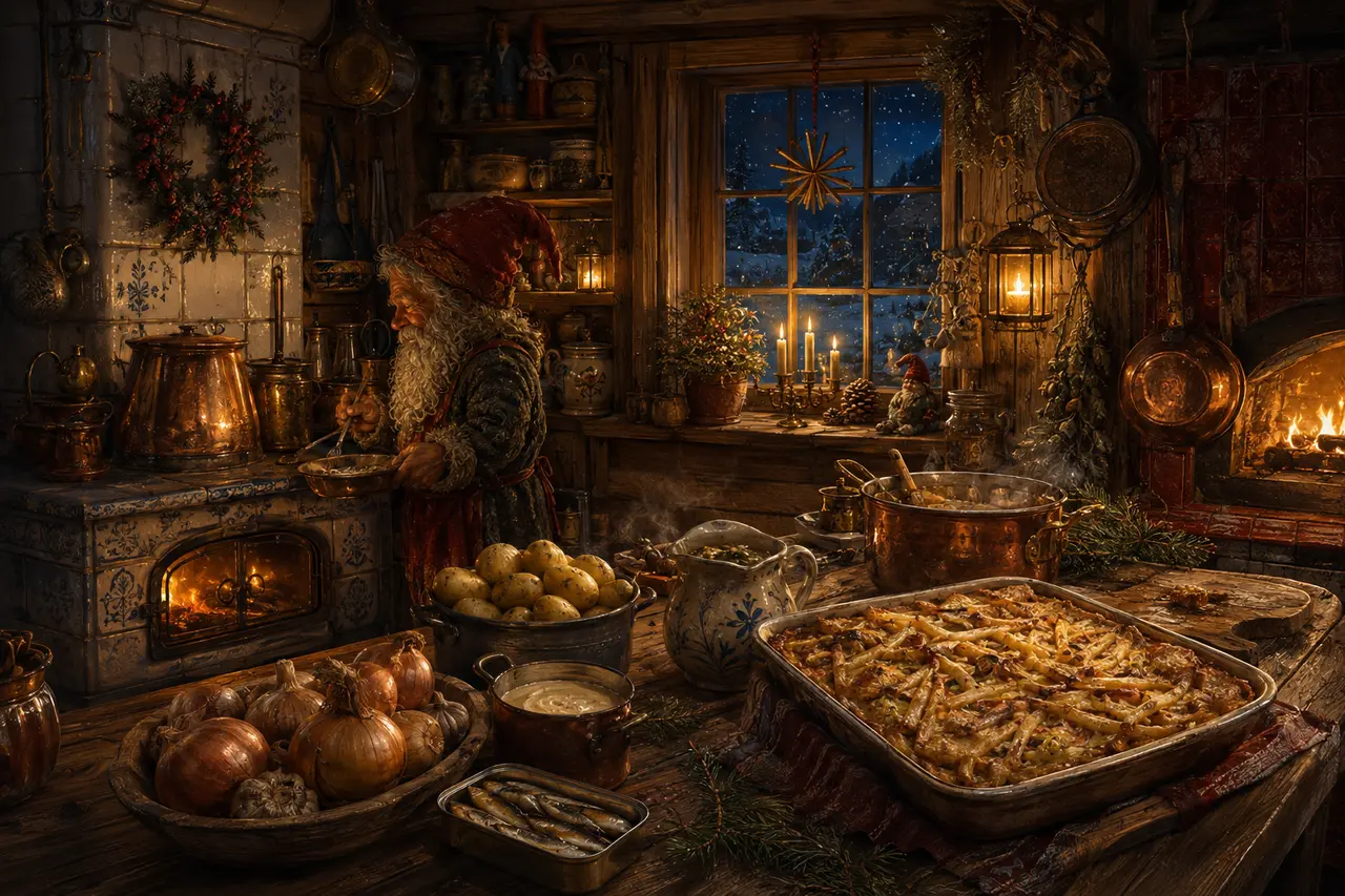 Ett gammalt svenskt julkök med kopparkärl, vedspis och en nygräddad Janssons frestelse