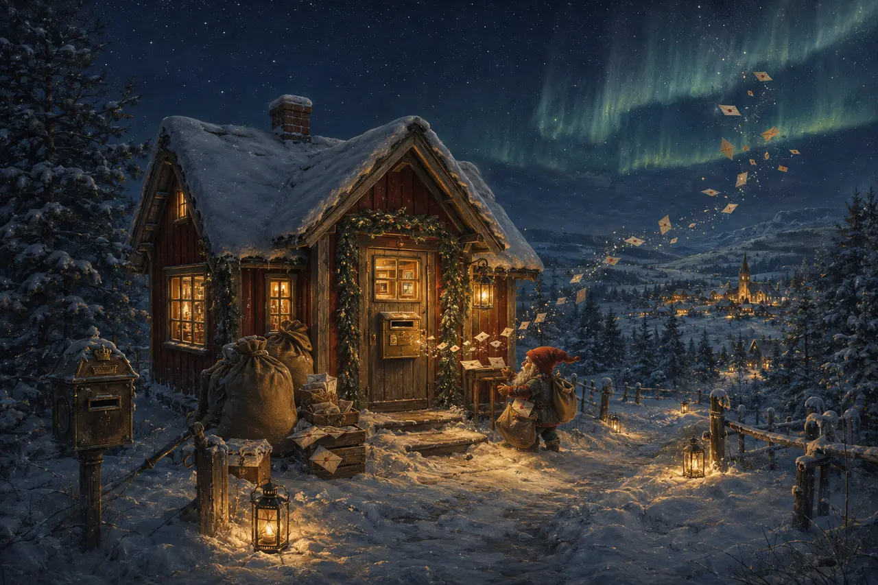 Ett snötäckt svenskt postkontor där brev glittrar iväg över dalen mot den nordliga natthimlen
