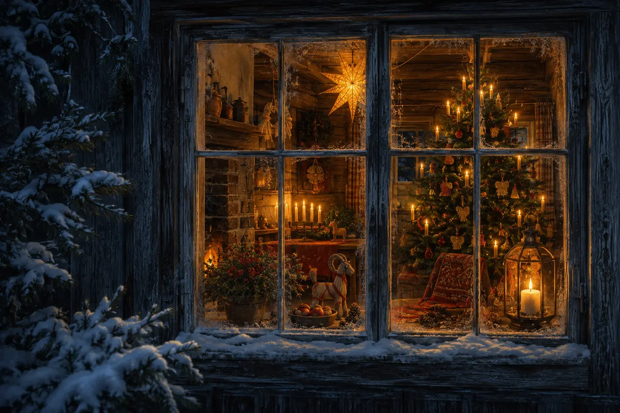 Ett varmt julhem med levande ljus, halmpynt, adventsstjärna och gran sett genom ett frostigt fönster