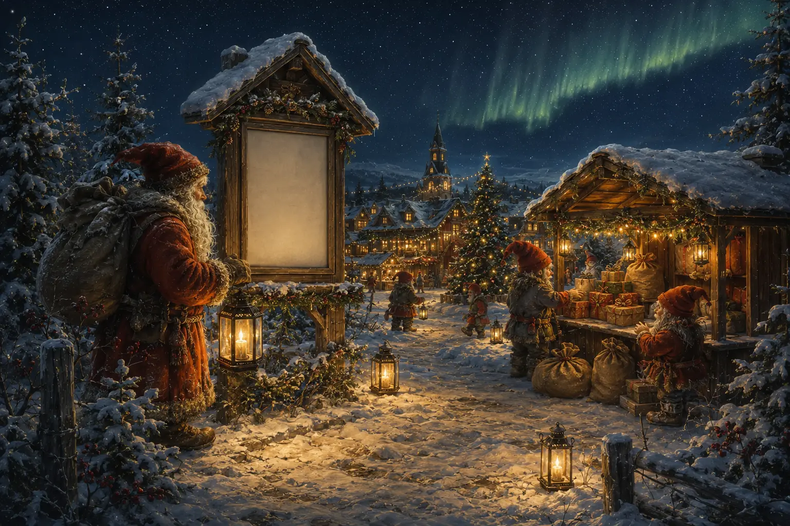 En tydligt avgränsad anslagstavla och marknadsbod i en julby.