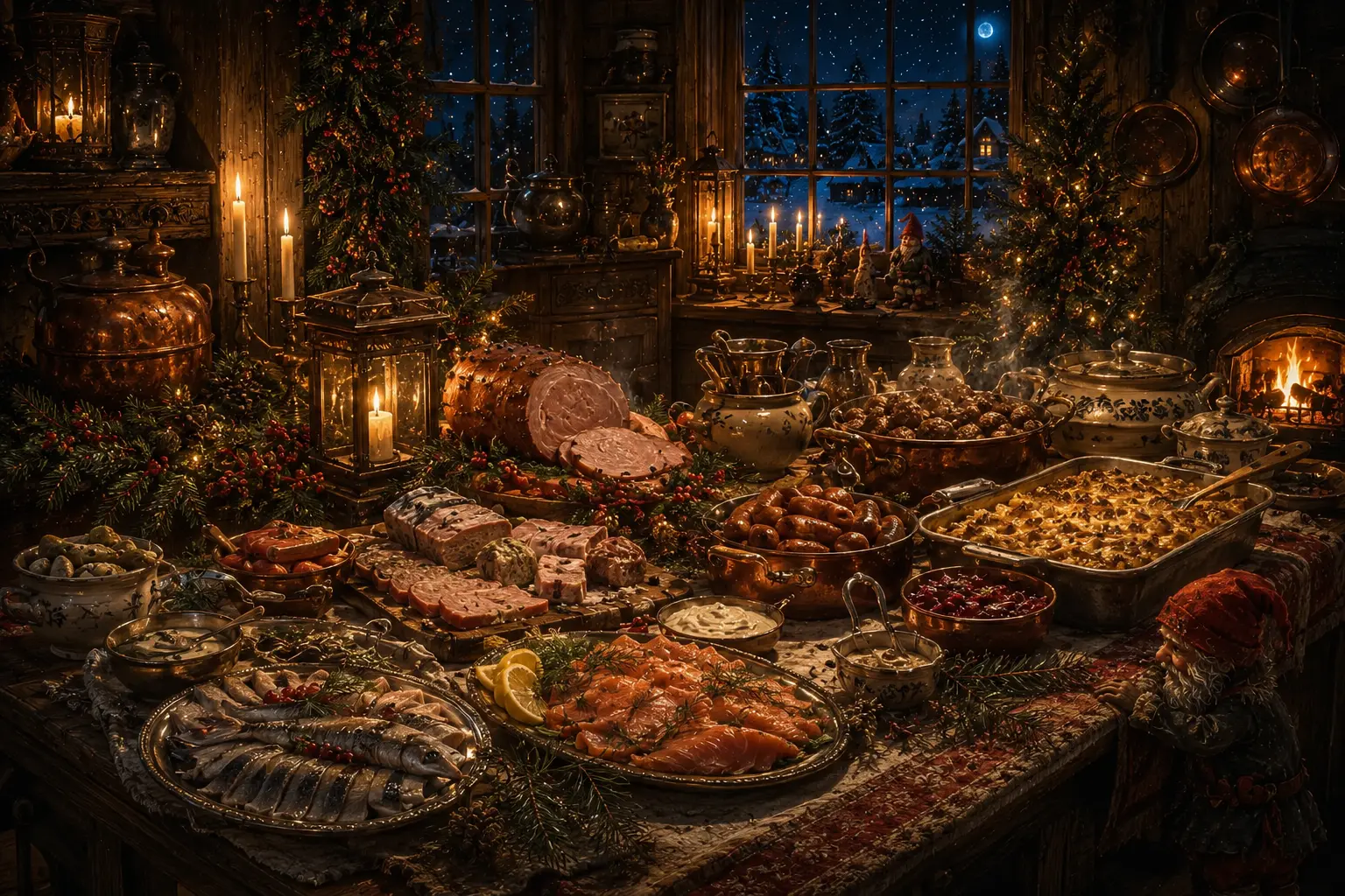 Ett rikt svenskt julbord med sill, lax, skinka och varma rätter.