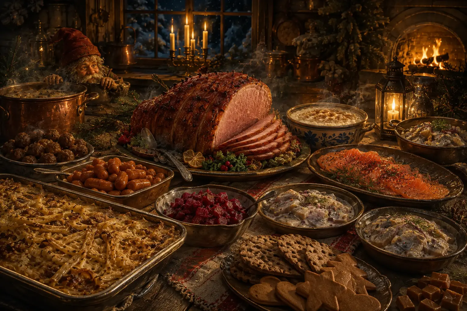 Julbordets klassiska rätter samlade i varmt sken.