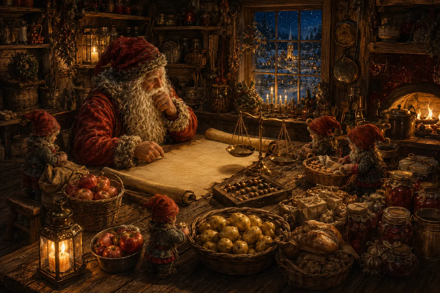Tomten och små nissar räknar och sorterar julbordets råvaror.