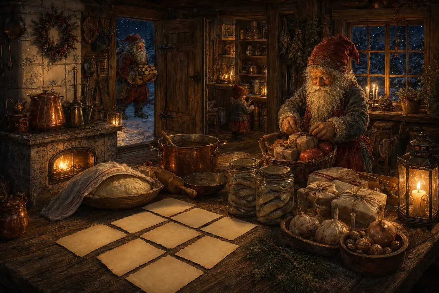 Tomten förbereder julmaten metodiskt i ett gammalt kök.