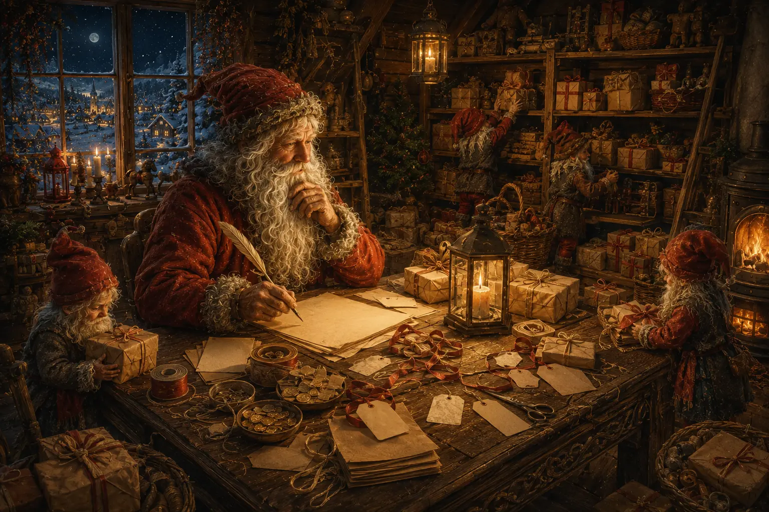 Tomten planerar julklappar tillsammans med sina nissar.