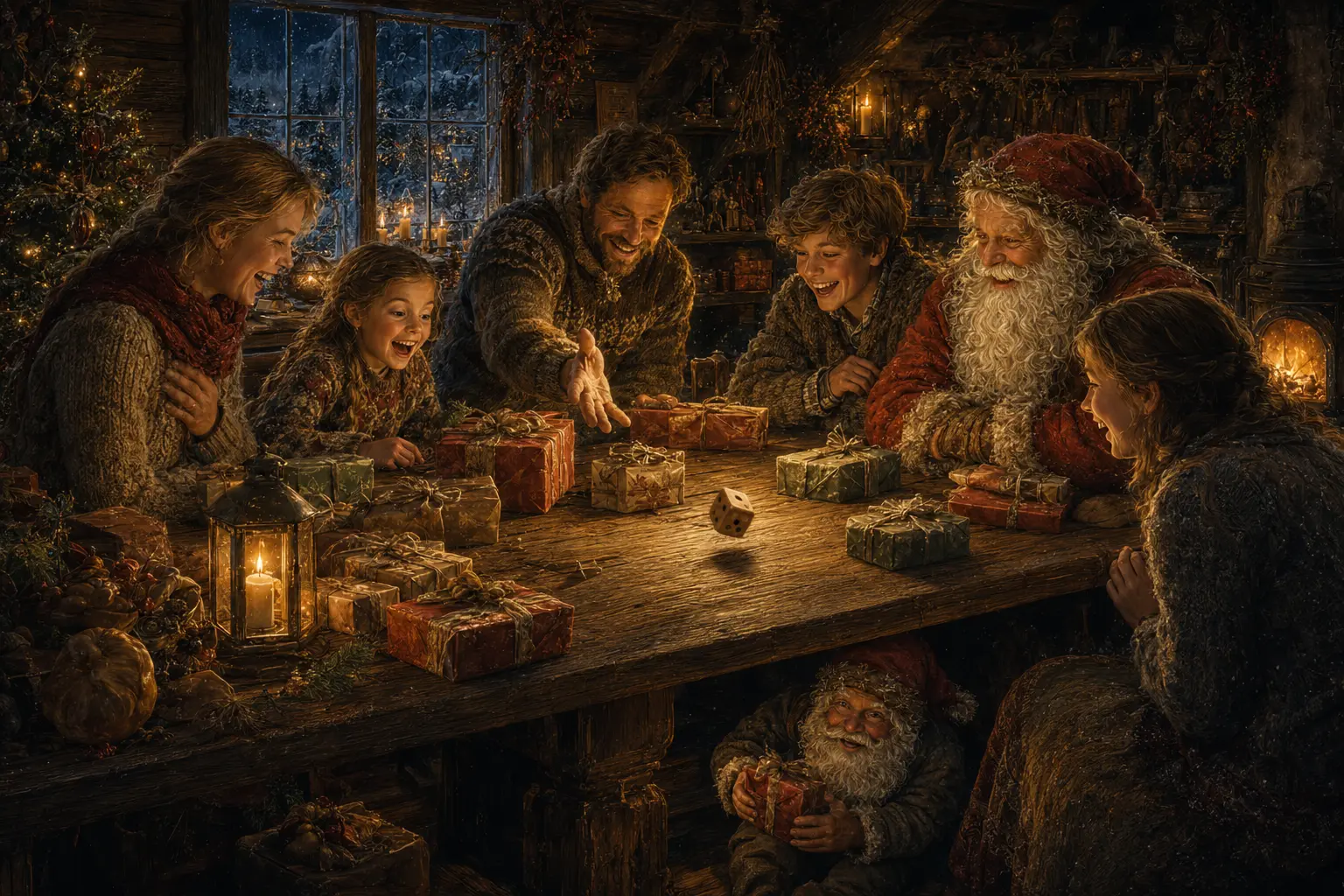 En familj spelar julklappsspelet vid ett varmt julbord.
