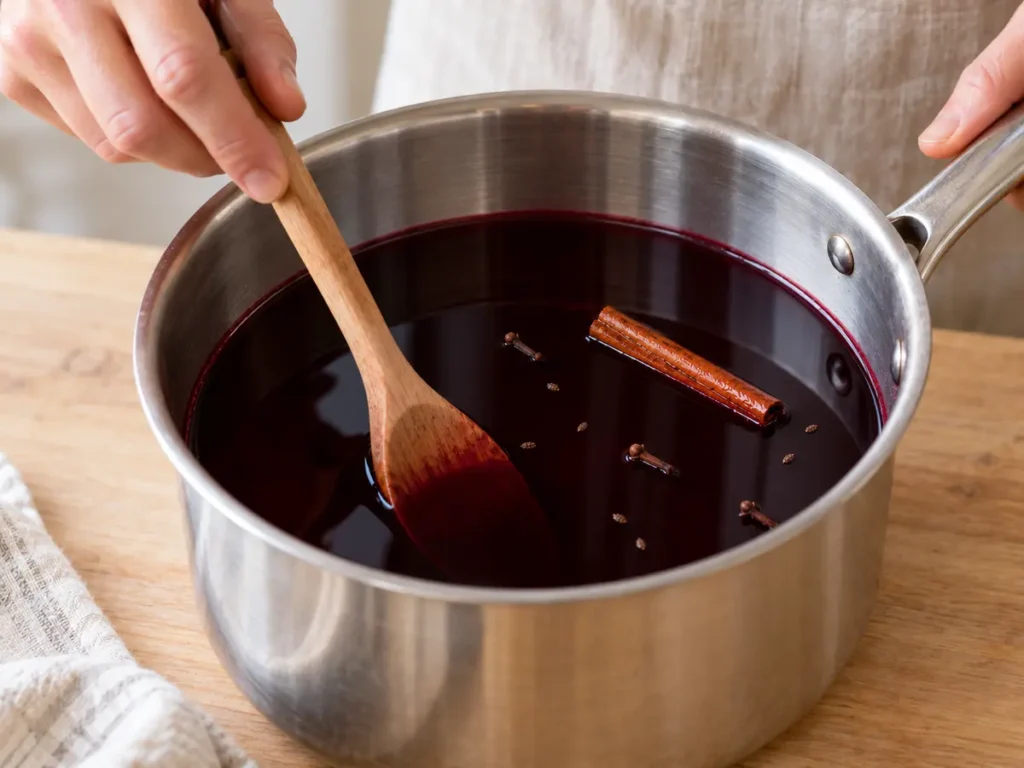 Svartvinbärssaft, äppeljuice, vatten och hela kryddor blandas.