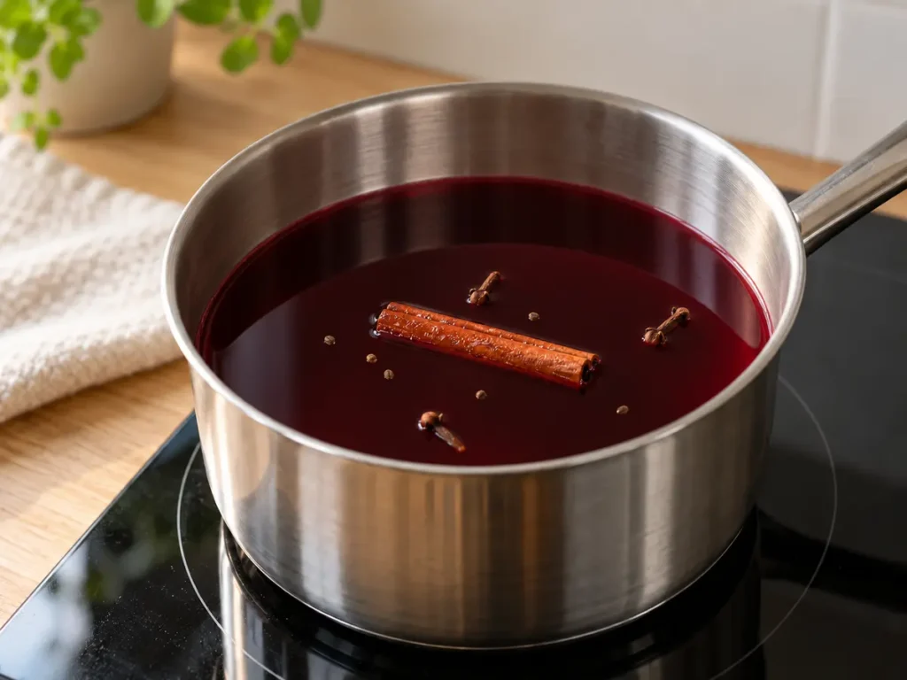 Glögg med hela kryddor värms upp i en kastrull.