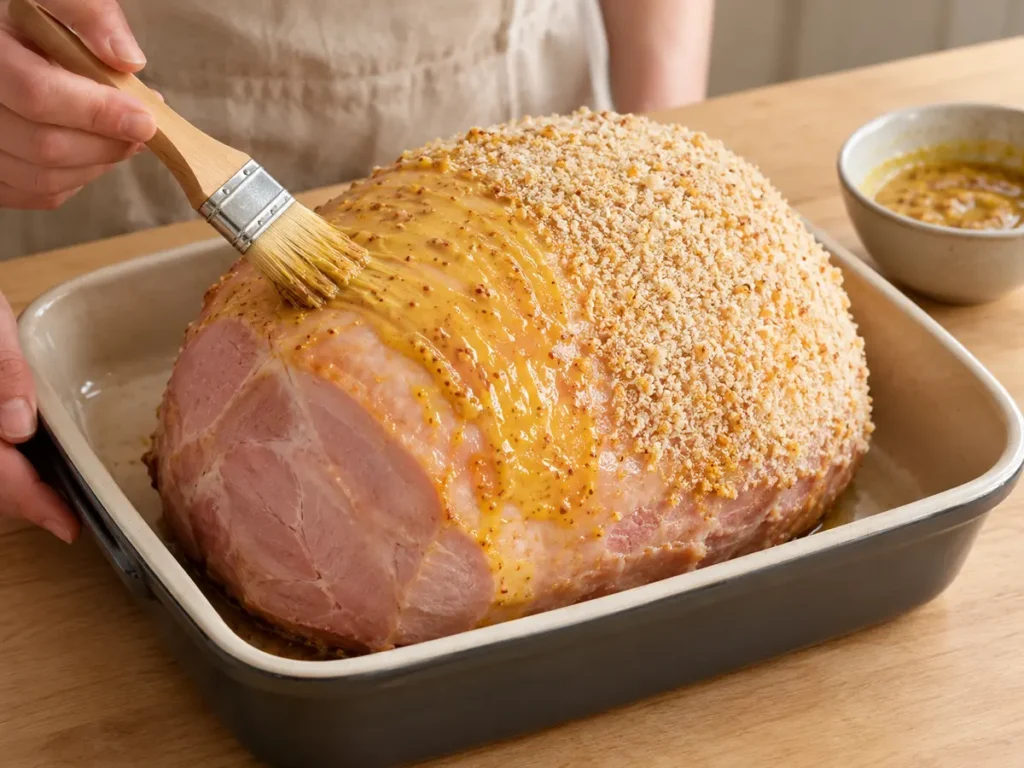 Skinkan täcks med senapsblandning och ströbröd inför griljering.