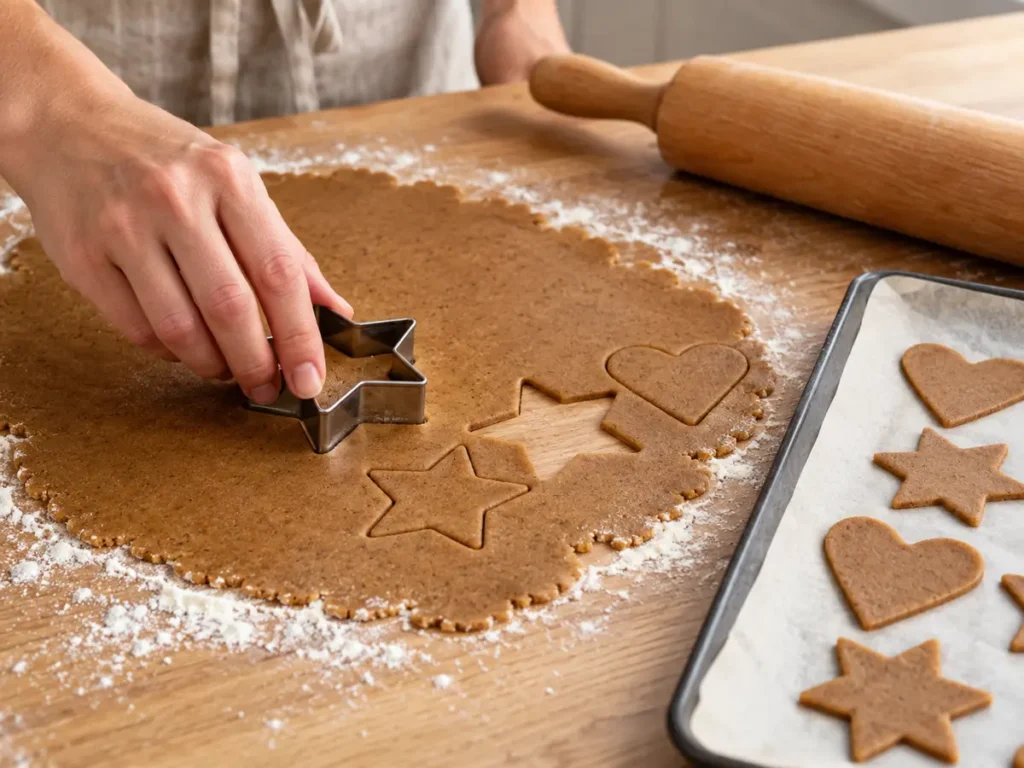 Tunt kavlad pepparkaksdeg stansas med kakmått.