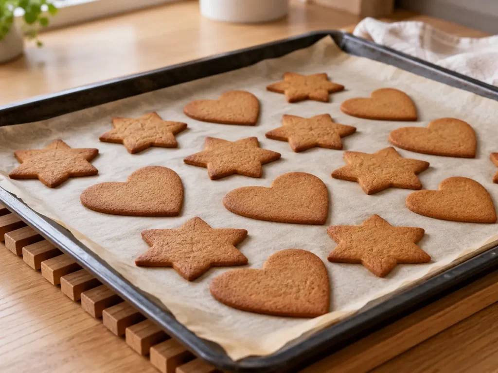 Nygräddade pepparkakor svalnar på plåten.
